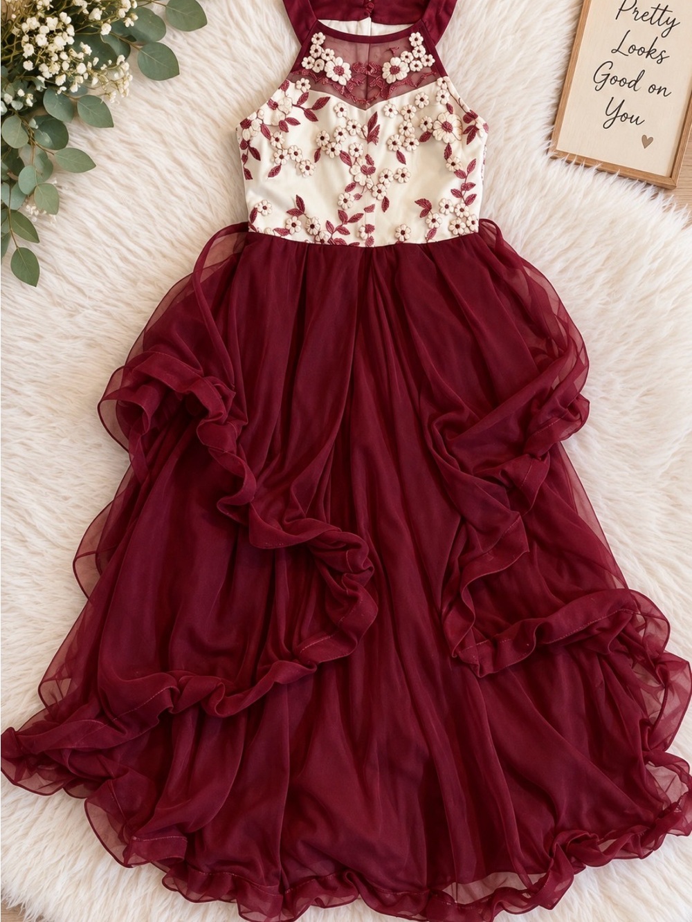 Speechless Burgundy and Cream Floral Appliqué Formal Dress